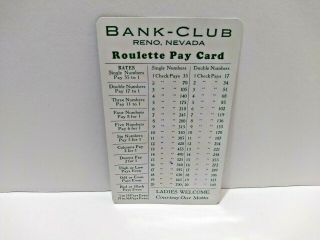Early BANK CLUB CASINO RENO,  NV PLASTIC ROULETTE PAY CARD LADIES WELCOME 2
