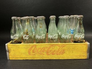 Vintage 24 Miniature 3 " Glass Coca Cola & Fanta Bottles In Wood Case W/ Caps 19g