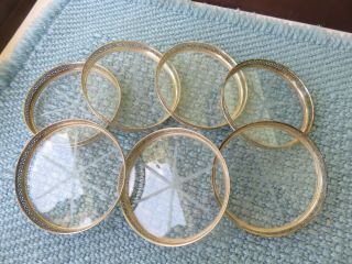 Vintage Coasters Pierced Silver Plate With Etched Glass Starburst Set Of 7