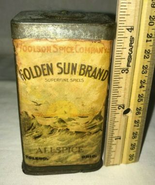 Antique Rare Early Golden Sun Turmeric Spice Tin Woolson Toledo Oh Grocery Can