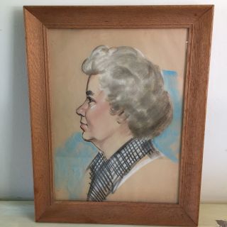 Oil Pastel Portrait - Vtg Mid - Century Kitch Lovely Grandma Woman,  Wood Frame