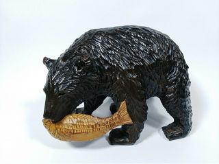 Vintage Bear Wood Hand Carved Black Bear W/ Fish In Mouth,  Cabin Home Decor