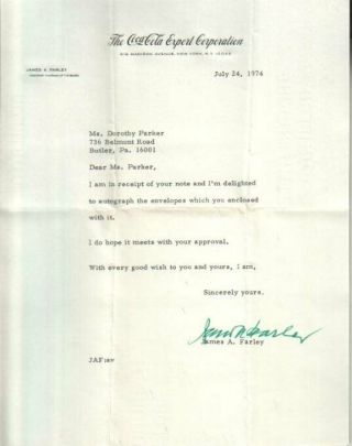 James A.  Farley Autographed Letter 1974 Politician / Coca Cola Business D.  76
