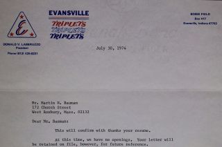 Evansville Triplets Official Letter Autographed Donald Labbruzzo JSA Auth 17B 2