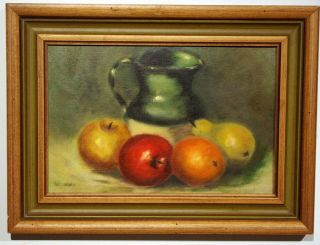 Oil Painting Still Life Fruit Pitcher Signed Van Owen Vintage 1920s Framed Small