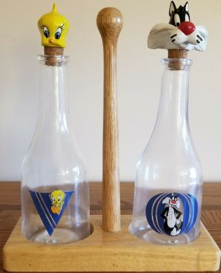 Vintage 1996 Warner Brothers Sylvester And Tweety Bird Glass & Wood Cruet Set
