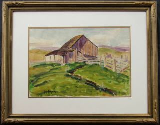 Listed Justin Faivre Barn In Landscape Old Impressionist Watercolor Painting Nr