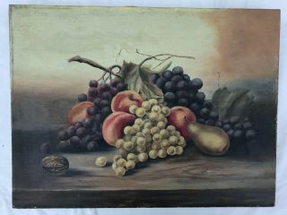 Large Antique Late 19th Century Oil Painting On Canvas Grapes Peaches Still Life