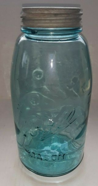 Vintage Blue Ball Mason 1/2 Half Gallon Jar W/ Zinc Lid Bubbles