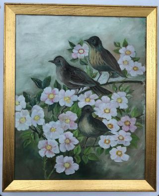 Birds On Blossoms Spring Vintage Early 20th Century Oil Painting On Canvas