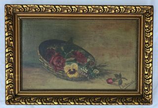 Early 20th Century Antique Vintage Oil Painting On Board Flowers Roses Basket