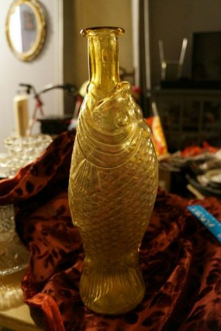 Vintage Light Yellow Glass Fish Shaped Wine Bottle 13 " Tall - Made In Italy
