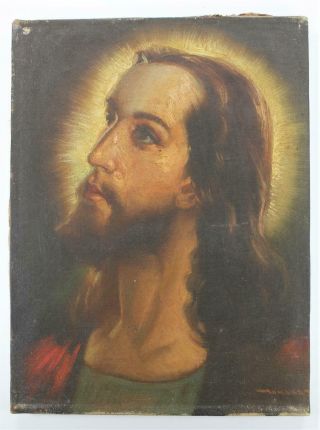 Antique Vintage Old Portrait Oil Painting Christ Signed Mid - Century