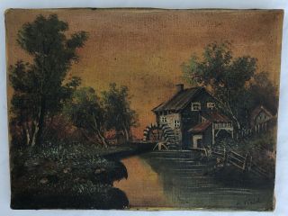 Small Late 19th Century Antique Vintage Oil Painting Canvas Gristmill Watermill