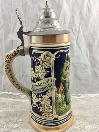 Vtg Marzi Remy West Germany Ceramic Beer Stein Pewter Lid Hunting Theme 10 In