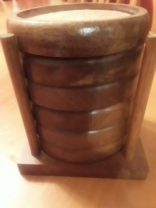 Set six vintage round wood cork coasters 5 inches 5 