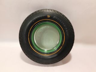 Vintage Cooper Armored Cord Tire Ashtray Vaseline Or Green Depression Glass