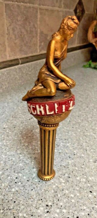 Vintage SCHLITZ BEER Lady On World Globe Gold TAP HANDLE - - 1960 ' s 4