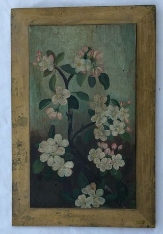 Blossoms Antique Vintage Early 20th Century Oil Painting On Pine Bevel Board