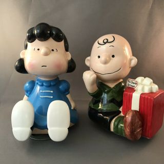 2 Vintage Schmid Peanuts Music Box Charlie Brown & Lucy Revolving Ceramic 1980s