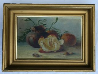 Still Life Antique Early 20th Century Oil Painting On Canvas Peaches Pottery