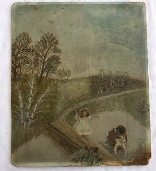 Antique Vintage Oil Painting On Board Saint Bernard Dog Girl Landscape