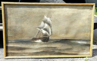 Big Antique Oil Painting Ship At Sea Full Sail In Twilight Roiling Ocean 38 "