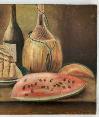 Antique Folk Art Late 19th Century Oil Painting Canvas Wine Fruit Still Life 3