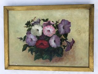 Antique 1874 19th Century Oil Painting On Canvas Colorful Morning Glories