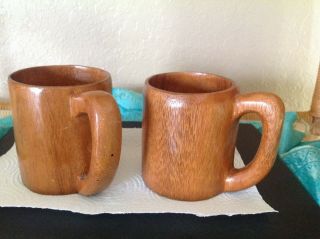 Pair Vintage Hand - Carved Wood Beer Mugs - 1950 