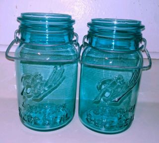 Set/2 - Ball Sanitary Sure Seal Blue Quart,  Wide Mouth Canning Jars - No Lids - In Vgc