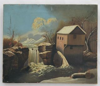 Water Grinding Mill Landscape Antique Late 19th Century Oil Painting On Canvas