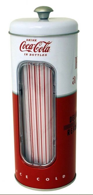 Coca Cola Tin Straw Holder 50 Straws Drinking Dispenser Style 2 Refreshing Red