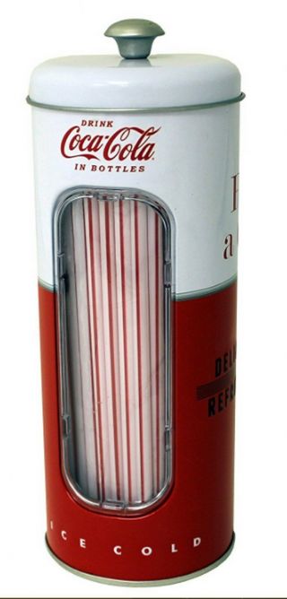 Coca Cola Tin Straw Holder 50 Straws Drinking Dispenser Style 2 Refreshing Red 3