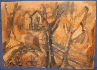 Russian art,  Antique Expressionist watercolor painting,  Landscape,  signed Soutine 2