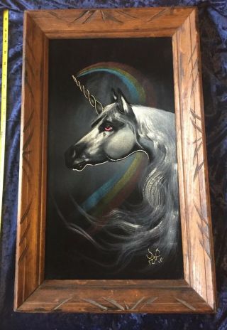 70s Vintage Black Unicorn Painting Black Velvet Signed Canvas Wood Framed 14x23”