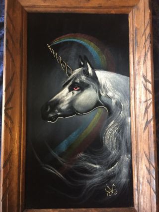 70s Vintage Black Unicorn Painting Black Velvet Signed Canvas Wood Framed 14x23” 2