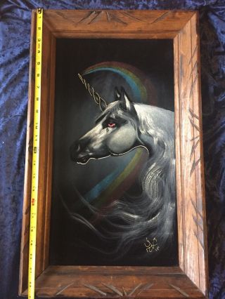 70s Vintage Black Unicorn Painting Black Velvet Signed Canvas Wood Framed 14x23” 3