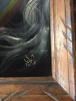 70s Vintage Black Unicorn Painting Black Velvet Signed Canvas Wood Framed 14x23” 5