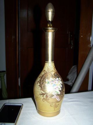 Lovely Vintage Gold Glass Wine Decanter Austria 3d Flowers Relief W Stopper