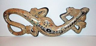 Vintage Balinese Wood Lizard Wall Plaque Mop Shell Inlaid Carved Wooden Gecko