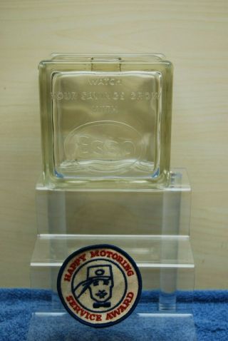 Vintage Esso Glass Cube Coin Bank & Gas Station Employee Uniform Patch