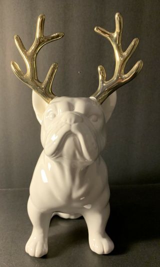 11” Ceramic French Bulldog With Antlers Christmas Decor