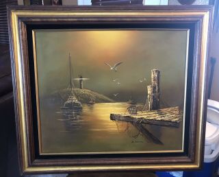 Vintage 1970’s Signed B Duncan Fishing Boat Lighthouse Seacape Oil Painting