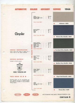 1966 Chrysler Valiant Dulon Duco Dulux Colour Page Ap5 Ap6 Vc