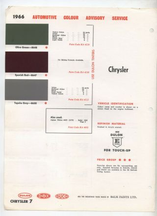 1966 Chrysler Valiant Dulon Duco Dulux Colour Page AP5 AP6 VC 2
