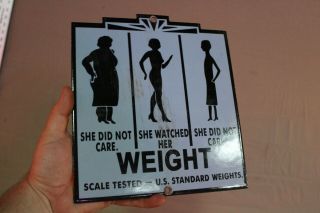 Penny Scale Weight Porcelain Metal Sign U.  S Standard She Watched Her Weight Gas