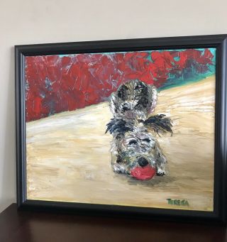 Framed Oil Painting On Canvas Of Playful Puppy Signed 16x20.  Signed
