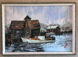 1960s Vintage Painting Harbor Fishing Boat Artist Signed