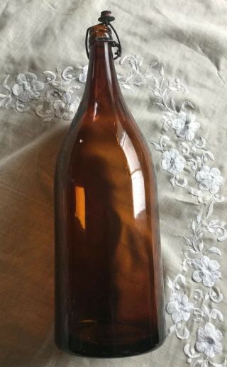 Vintage 14 " Large Brown Amber Glass Bottle Beer Bail Lid Rare